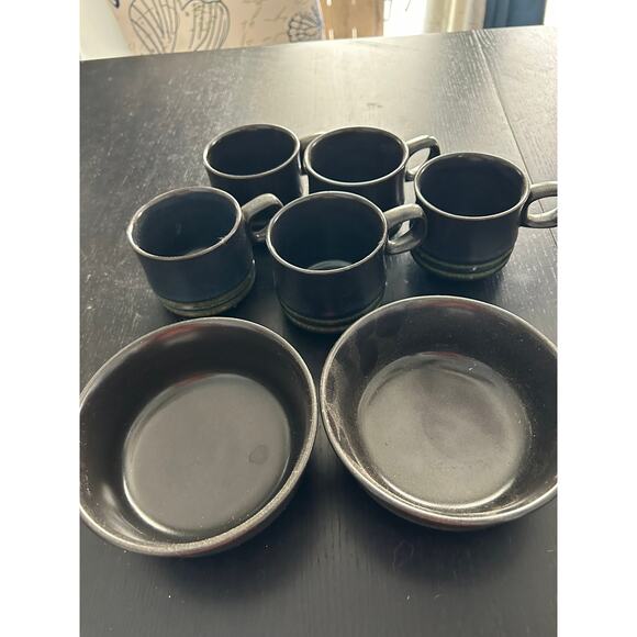 Vintage Denby Kismet Black Stoneware 5 coffee mugs, 2 bowls  1970 England - Picture 2 of 9
